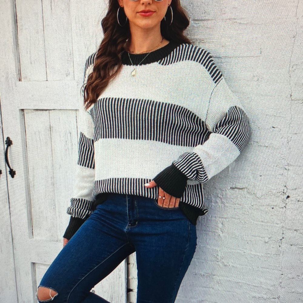 Striped Black and White Women's Sweater - Picture 2 of 4